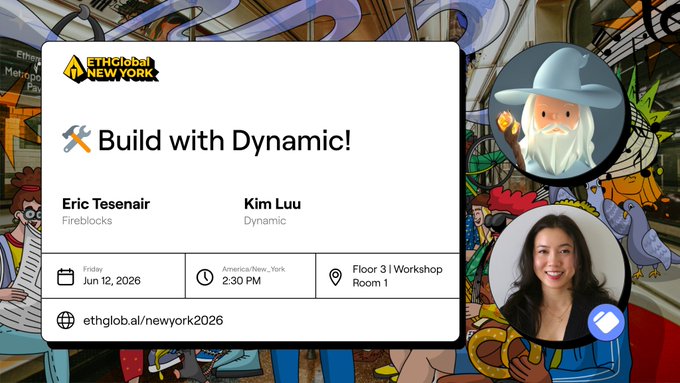 The image shows a poster for an event titled "Build with Dynamic!". The poster features a cartoon character, likely a wizard or gnome, holding a hammer and surrounded by various objects such as a book, a clock, and a bird. The text on the poster indicates that this is a workshop where Eric Tesenair will be speaking about building with dynamic, and Kim Luu will also be present to discuss the topic further.