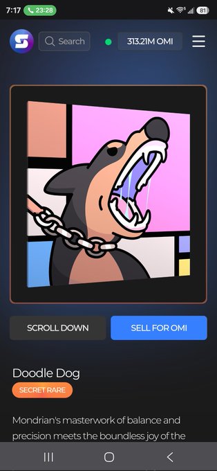 The image is of someone's cell phone displaying an advertisement with an illustration featuring a cartoon dog and text indicating that the dog is being sold for $OMI, suggesting that they are selling it for money. There is also some text that reads "Scroll down and sell for om". The image seems to be focused on promoting or discussing doodles or illustrations related to dogs, with one of them even being a dog illustration from an app called Doodledog featuring the name "Mondden."