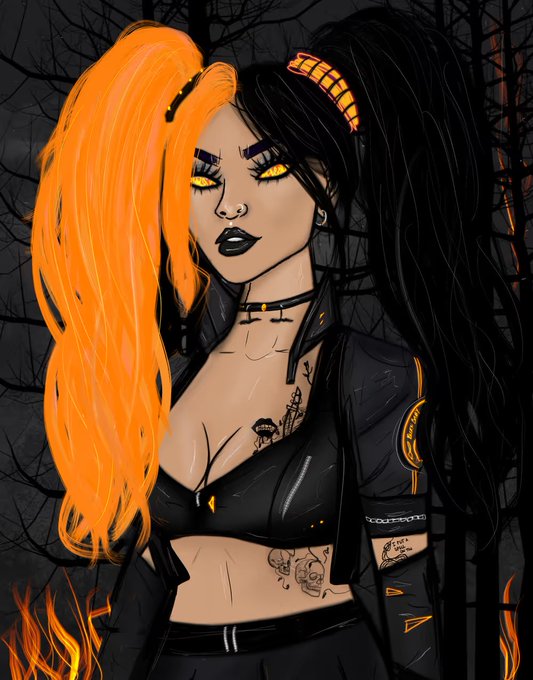 A digital illustration of a goth-style female character with half-orange, half-black hair, yellow eyes, facial piercings, and a skull tattoo, wearing a black crop top and jacket, set against a dark forest background with flames.