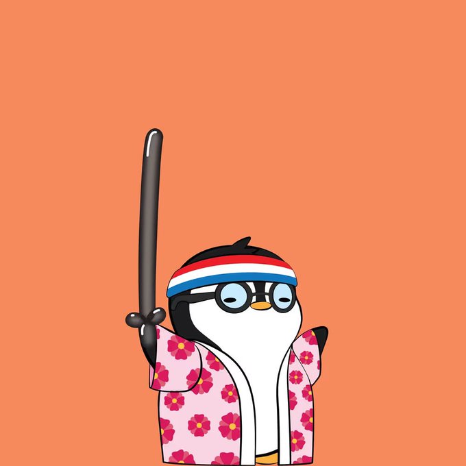 A cartoon penguin character wearing glasses, a red-white-blue headband, and a pink floral Hawaiian shirt holds up a black baseball bat against an orange background.