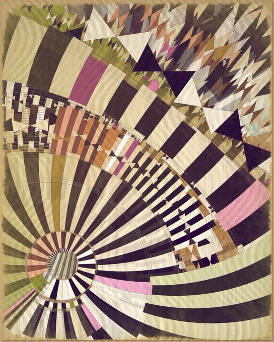 A vibrant geometric abstract artwork featuring concentric radiating bands and jagged triangular patterns in earthy tones of olive, brown, cream, and magenta, swirling in a dynamic circular composition that resembles a stylized sunburst or optical illusion. The piece is the generative artwork "Fontana #107" by artist Harvey Rayner, acquired on the Art Blocks platform for 0.2777 ETH.