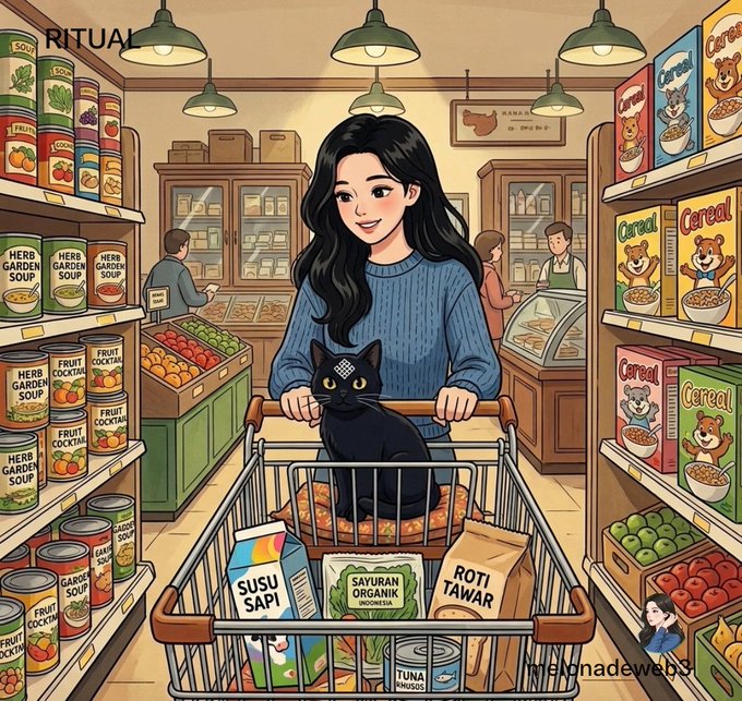 An illustrated scene of a woman with long black hair pushing a shopping cart in a grocery store aisle, with a black cat sitting inside. Visible text includes 'RITUAL', 'HERB GARDEN SOUP', 'FRUIT COCKTAIL', 'Cereal', 'SUSU SAPI', 'SAYURAN ORGANIK INDONESIA', and 'ROTI TAWAR'.