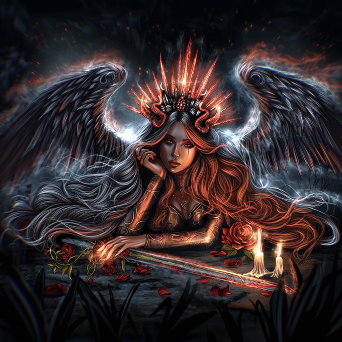 A dark fantasy digital illustration of a winged woman with red and silver hair wearing an ornate horned crown, seated with a sword, roses, and lit candles in a moody atmospheric setting.