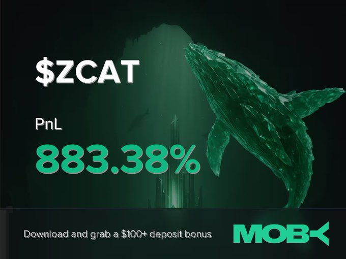 A crypto advertisement for MOBX shows a stylized green whale (representing $ZCAT) with a PnL of 883.38%, promoting a $100+ deposit bonus.