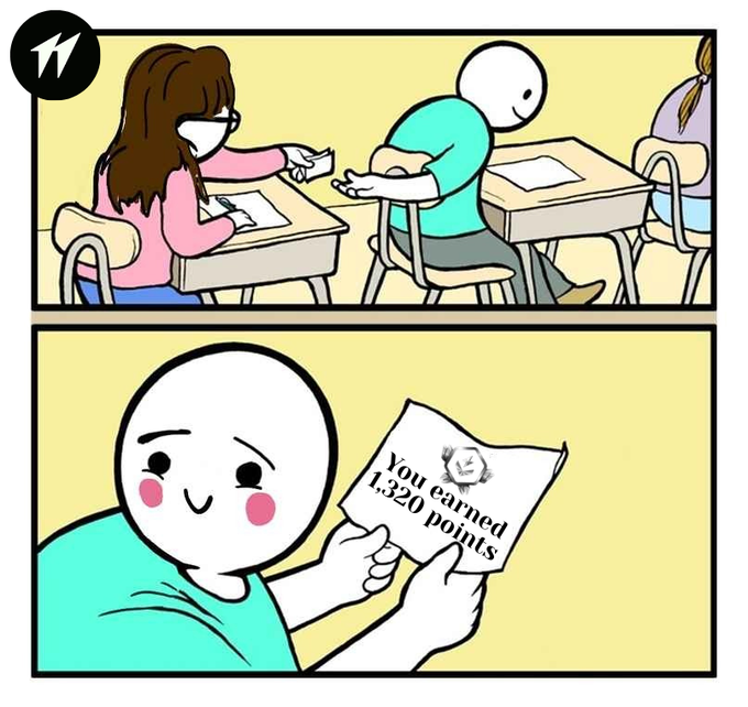 A cartoon comic shows a student receiving a paper labeled "You earned 1,320 points" with a smiley face, earning points in a classroom setting alongside other students at their desks.