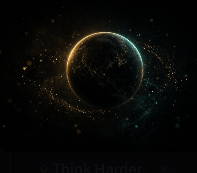 A digital artwork depicting a glowing planet with a light ring of debris, surrounded by a starry space background, with a partially visible button labeled "Think Harder" at the bottom.