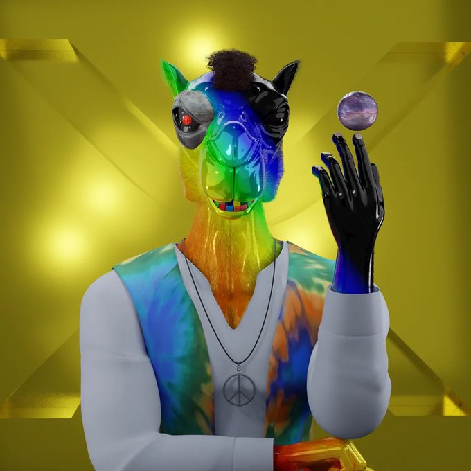 A colorful 3D-rendered humanoid figure with a rainbow-colored mane and a reflective, crystalline face mask wears a peace sign necklace and holds a small purple orb against a golden, geometric background.