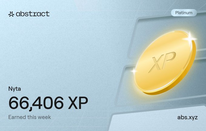 An Abstract blockchain rewards screenshot showing 'Nyta' with 66,406 XP earned this week at the Platinum tier, featuring a gold XP coin.