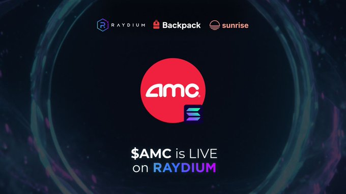 A promotional graphic announces "$AMC is LIVE on RAYDIUM" with partner logos for Raydium, Backpack, and Sunrise, paired with a red AMC branded token icon on a dark cosmic background. The accompanying post skeptically challenges the legitimacy of the token, questioning whether it is 1-to-1 backed by AMC shares, what permissions were obtained, and what equity rights holders actually receive—suggesting it may lack any real connection to AMC Entertainment.