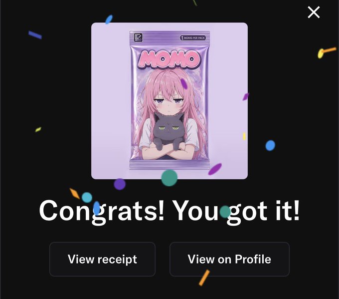Digital reward screen reading "Congrats! You got it!" with a "MOMO PER PACK" anime-style collectible card showing a pink-haired girl holding a black cat, alongside "View receipt" and "View on Profile" buttons.
