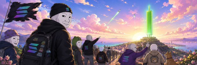 A group of Wojak-style figures wearing beanies and $PROPS-branded gear gather on a hillside, gazing toward a glowing green pillar monument with shooting lights streaking across a sunset sky—symbolizing the community rallying behind the $PROPS token, which the caption highlights as a prop firm earning $1.8M in organic volume with 2% already burned.