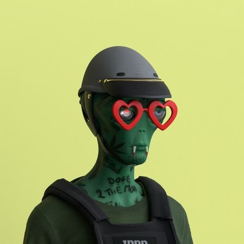 A 3D-rendered reptilian figure with green skin and tattoos wearing a black helmet, a vest labeled 'IRPD', and distinctive red heart-shaped glasses against a pale yellow-green background.