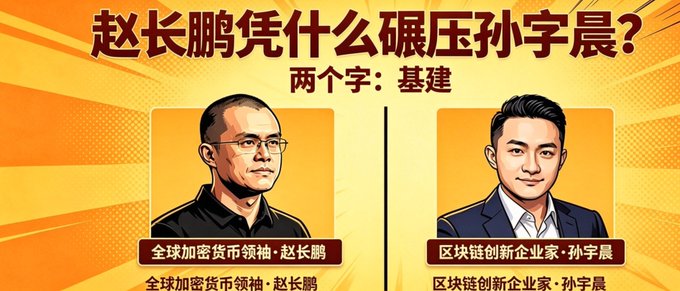 A bold yellow promotional graphic features illustrated portraits of Zhao Changpeng (left) and Sun Yuchen (right), titled "赵长鹏凭什么碾压孙宇晨？两个字：基建" ("Why does Zhao Changpeng crush Sun Yuchen? Two words: Infrastructure"). The image visually frames the comparison highlighted in the post, contrasting CZ's $94.1 billion net worth and Binance's 30%+ global crypto trading dominance with Sun Yuchen's $8.5 billion net worth to underscore CZ's market superiority.