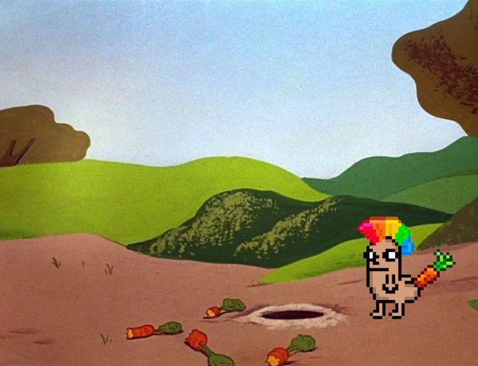 A pixel-art nude figure with rainbow hair stands in a cartoonish landscape beside a patch of scattered carrots and a small hole in the ground. The playful "hungry?" caption suggests the figure is offering the freshly dug-up carrots as a snack to the seemingly unsuspecting pixel companion.