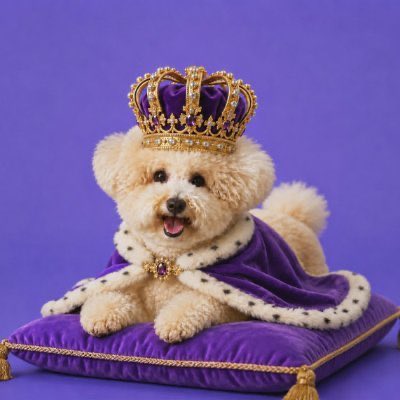 The image features a small white dog wearing a purple cape with a gold crown on its head. The dog appears to be sitting or lying down on a pillow, which has a purple cover. The background of the image is purple, providing a contrasting color for the dog and the cape it's wearing. There are no other objects in the image besides the dog and the pillow.