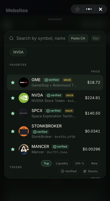 A mobile app interface shows a search for 'NVDA' and a favorites list of stock tokens including GME ($18.72), NVDA ($224.91), SPCX ($140.50), STONKBROKER, and MANCER.