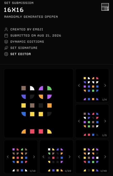 A digital art interface displays a 'SET SUBMISSION' for '16X16 RANDOMLY GENERATED QPEPEN,' created by Emoji and submitted on Aug 21, 2026, showing various pixelated character designs in a gallery layout.
