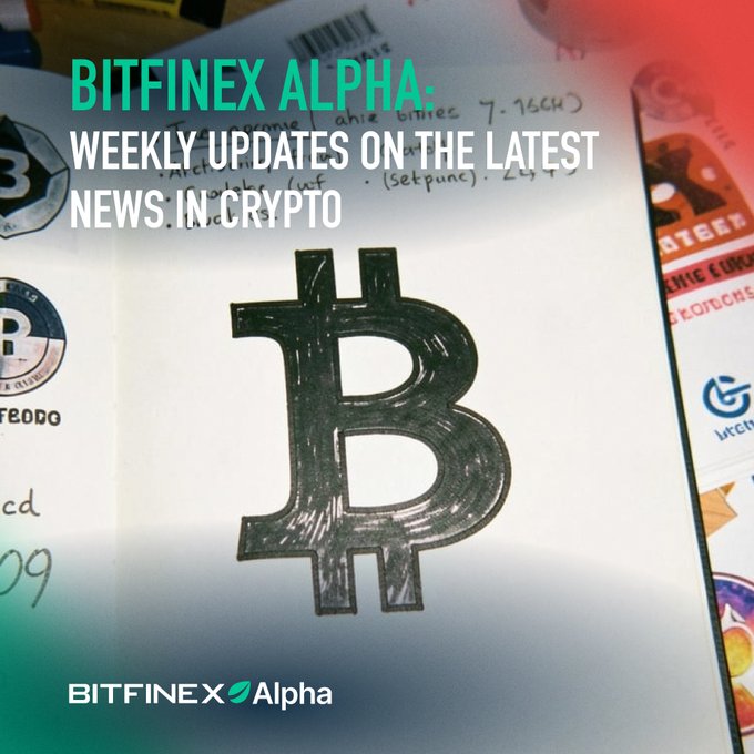 The image shows a close-up of a white piece of paper with a black Bitcoin symbol drawn on it, placed on top of a book. The text "BITFINEX Alpha" is written above the Bitcoin symbol, indicating that this is related to Bitfinance's Bitcoin Alpha strategy. The post also mentions that there are weekly updates available for the latest news in Cryptocurrency.