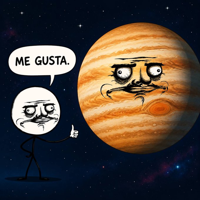 A stick figure with a sweaty, strained face gives a thumbs-up to a cartoonish Jupiter in space, saying "ME GUSTA." — humorously illustrating the meme "I love hard working devs" by personifying an exhausted approval of fellow developers' dedication.
