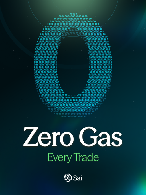 A dark promotional graphic for 'Zero Gas - Every Trade' by Sai, featuring a skull-like icon made of zeros and ones in teal digital text.