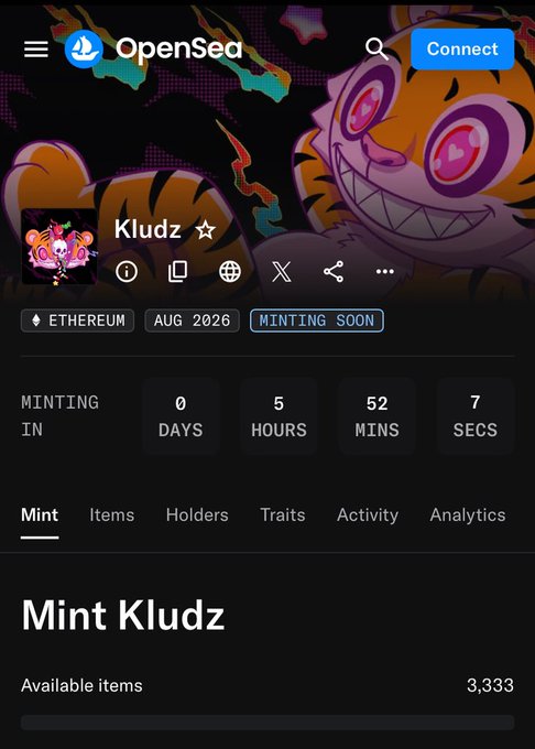 A screenshot of the OpenSea NFT marketplace showing the 'Kludz' collection on Ethereum, with a mint countdown of 0 days, 5 hours, 52 minutes, and 7 seconds for 3,333 available items.