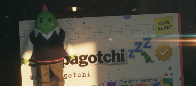 An advertisement featuring a green 'Pagotchi' mascot character in a sweater vest and tie, with text reading 'pagotchi', 'CUTE ALERT!', and 'The Art of Napping'.
