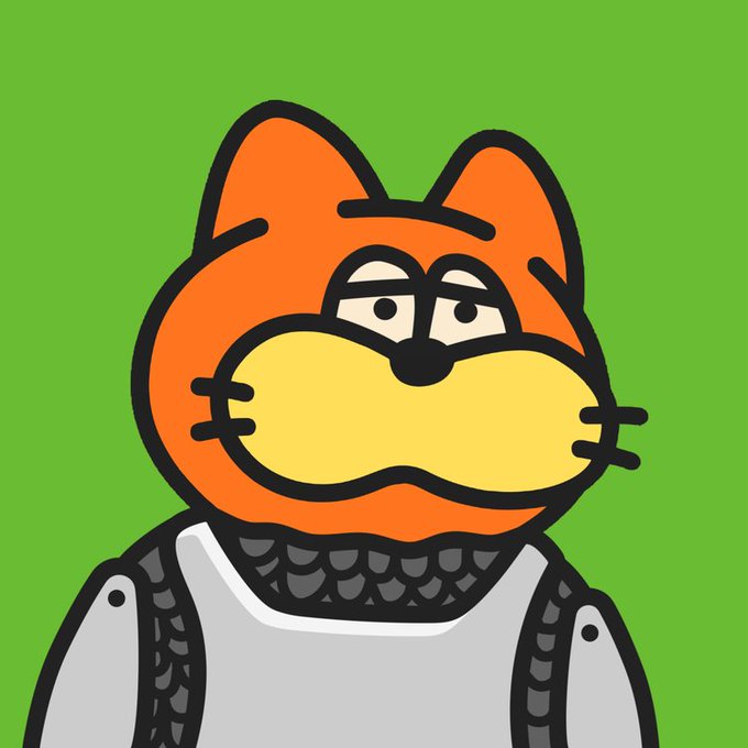 A cartoon illustration of an orange cat character wearing a gray fish-scale patterned shirt against a green background.