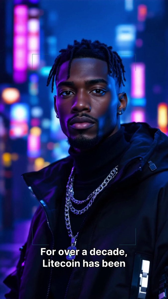 The image features a man wearing a black jacket, with a necklace around his neck. The background of the photo shows neon lights from a city at night, creating an urban atmosphere. There are also some text elements in the image that read "For over a decade. Litcoin has been". This suggests that the man might be interested in investing or trading in cryptocurrencies like Bitcoin and Litecoin.