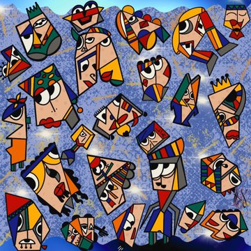Abstract cubist-style artwork featuring colorful fragmented faces and figures with a signature at the bottom.