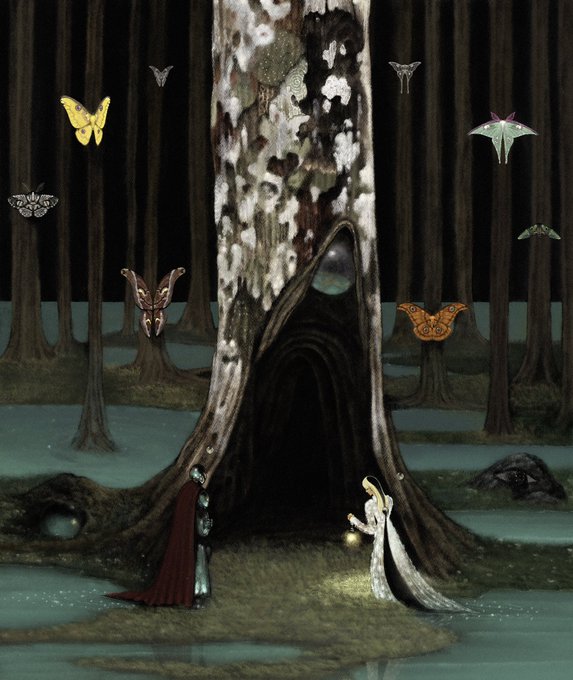 A dark, surreal digital illustration depicting two cloaked figures with masks meeting beneath a large tree in a shadowy forest surrounded by colorful butterflies.