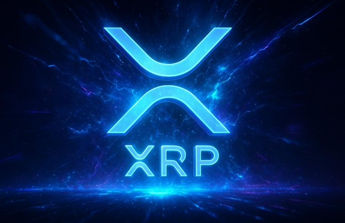 The image displays the glowing blue XRP logo against a dark, energetic background. This visual directly represents the cryptocurrency discussed in the post, highlighting its potential for momentum or consolidation.