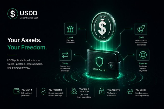 The image is a promotional graphic for **USDD (Decentralized USD)**, featuring the tagline "Your Assets. Your Freedom." It showcases a digital wallet surrounded by icons representing lending, trading, DeFi, and global transfers, with a USDD coin emerging from the wallet.

**Connection to the post:** The graphic visually reinforces the post's message about blockchain's portability and user-controlled ownership—illustrating how stablecoins like USDD can move freely between exchanges, DeFi platforms, and wallets, putting the user in full control of their assets rather than being locked into a single company's system.