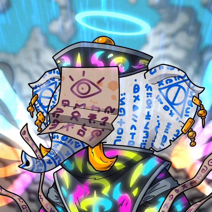 A colorful digital illustration of a surreal character wearing a hat covered in scrolls inscribed with runes and mystical symbols, featuring a glowing halo above.