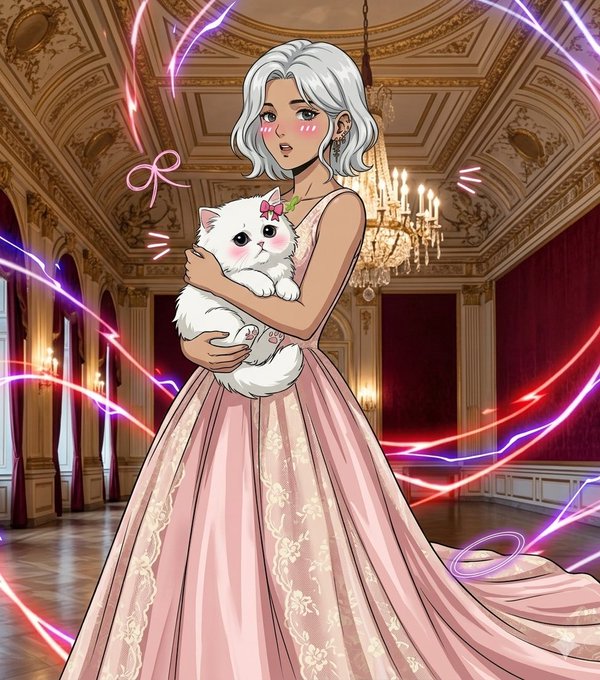 An anime-style illustration of a silver-haired woman in an elegant pink gown holding a white cat with a pink bow, standing in an ornate palace hall with magical pink and purple energy swirling around her.