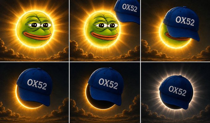A 2x3 grid of images showing a blue cap with 'OX52' text appearing in sequence over a Pepe frog silhouette against a glowing yellow eclipse/sun with clouds.