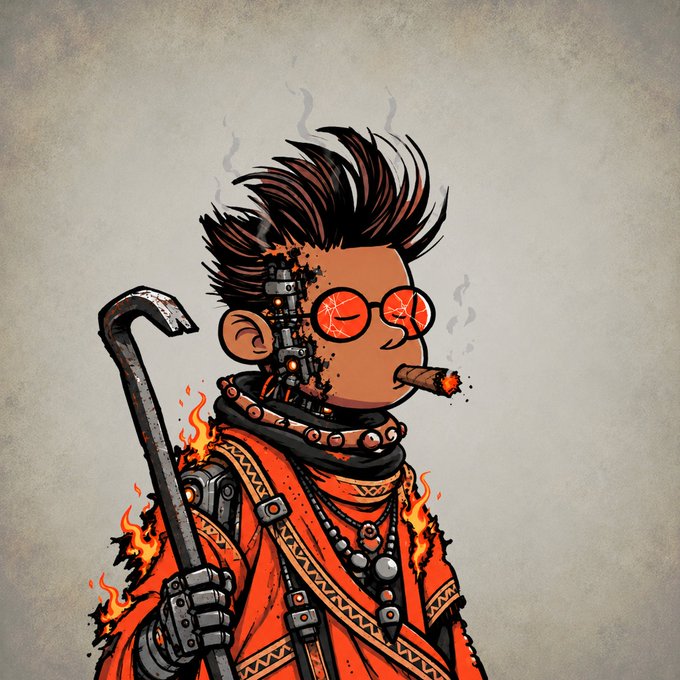 A stylized illustration depicts a cyborg character with spiky hair, glowing red cracked goggles, and a lit cigar in his mouth, holding a crowbar while wearing a patterned orange garment adorned with beaded necklaces. Wires and mechanical parts are fused into the left side of his face, matching the post's description of a "Burner 516" character who bolted on cyborg parts to survive.