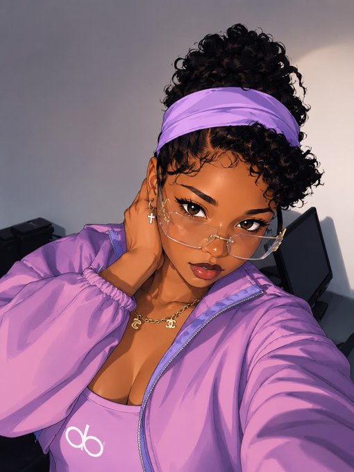 A stylized digital portrait of a young woman with curly dark hair, wearing a purple headband, rimless glasses, and a purple jacket with a gold logo on the shirt underneath.