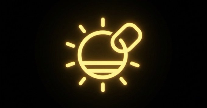 A glowing yellow neon-style icon showing a pill overlapping a circle with a horizontal line, surrounded by sun-like rays on a black background.