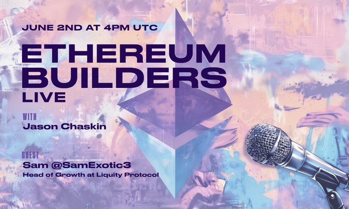 The image features a poster advertising an event called "Ethereum Builders Live". The poster displays a microphone, suggesting that this event might involve live streaming or podcasting of discussions related to Ethereum and blockchain technology. The poster also includes information about the event's date, time, location, and speakers. One of the speakers is identified as @jchaskin22 who will be discussing how to build a fully immutable protocol for minting decentralized stablecoins like BOLD.