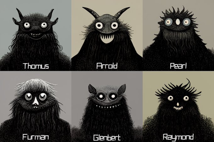 Six illustrated black furry monster characters with varied features and expressions are labeled Thomas, Arnold, Pearl, Furman, Glenbert, and Raymond in a 2x3 grid.