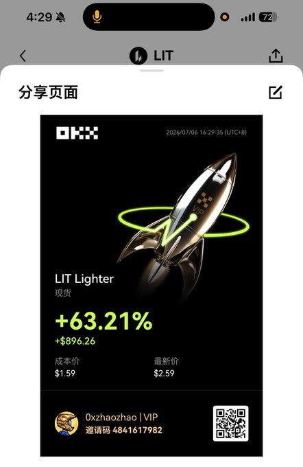 Mobile screenshot from the LIT app showing an OKX share page for 'LIT Lighter' with a +63.21% gain (+$896.26), cost price $1.59 and latest price $2.59, dated 2026/07/06 16:29:35, with referral info for '0xzhaozhao | VIP' and code 4841617982.