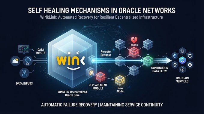 Infographic titled 'SELF HEALING MECHANISMS IN ORACLE NETWORKS' featuring WinLink, showing a decentralized oracle core that detects failure, reroutes requests, and engages a replacement module for continuous data flow to on-chain services.