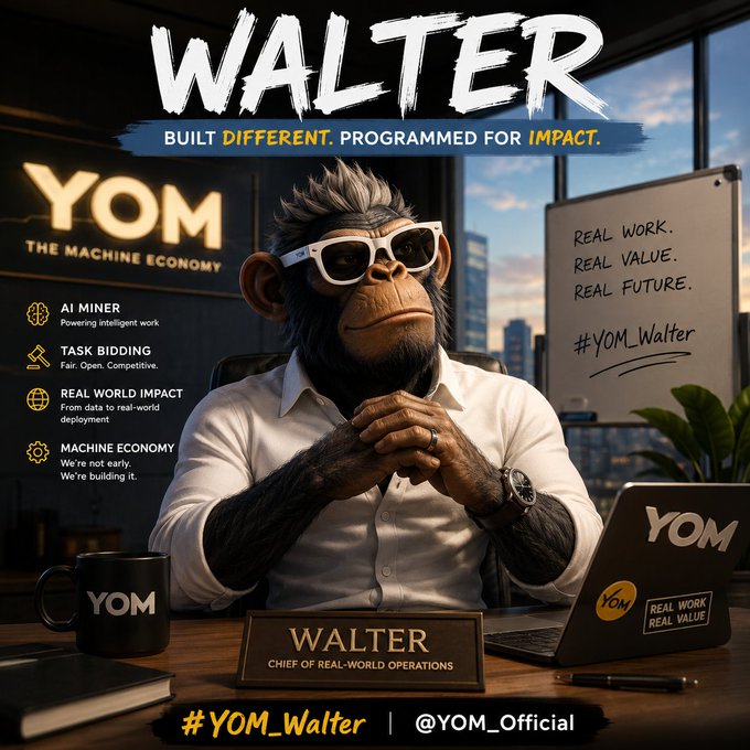A promotional image featuring a chimpanzee in sunglasses and a white shirt at a desk, branded 'WALTER' with 'YOM THE MACHINE ECONOMY' and the tagline 'Built Different. Programmed for Impact.'