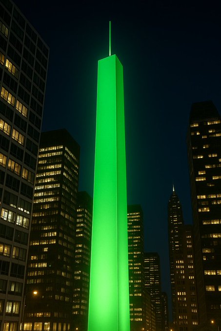 A nighttime cityscape featuring a tall, green-illuminated obelisk or tower standing prominently among surrounding skyscrapers with lit windows.