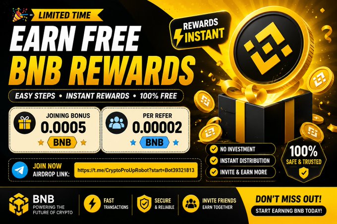 An advertisement offering free BNB rewards, detailing a joining bonus of 0.0005 BNB and a per-refer bonus of 0.00002 BNB, with an airdrop link to a Telegram bot.