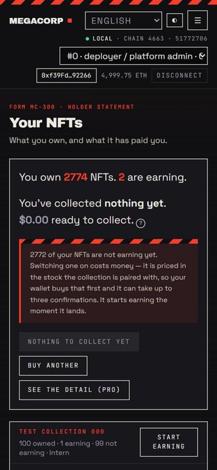The image displays a MegaCorp platform dashboard showing a user owns 2774 NFTs with 2 earning, featuring a form labeled "MC-300 · HOLDER STATEMENT" titled "Your NFTs - What you own, and what it has paid you." It relates to the post by showcasing the NFT dashboard interface being stress-tested with the "TEST COLLECTION 000" showing "100 owned · 1 earning · 99 not earning · Intern," highlighting the UI refinement mentioned for the $zaibatsu launchpad's NFT, token, and rewards system.