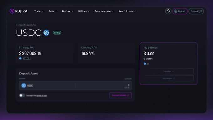 The RUJIRA DeFi platform lending interface for USDC, displaying Strategy TVL of $267,009.19, Lending APR of 18.94%, and a deposit asset section.