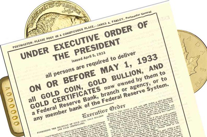 An 'Executive Order' newspaper notice from April 5, 1933, requiring delivery of all gold coin, gold bullion, and gold certificates to a Federal Reserve Bank, displayed alongside gold coins and bars.