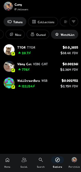 A crypto portfolio app screen showing user 'Cumy' with holdings in TYGR ($0.04385, +20.7%), VIBE CAT ($0.002361, +778%), and WSB ($0.002152, +122,724%).