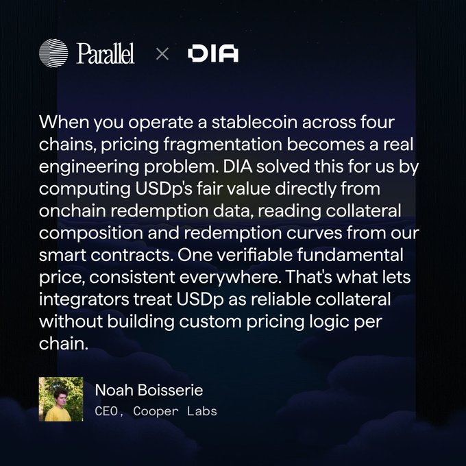 A testimonial graphic for Parall x DIA featuring a quote from Noah Boisserie, CEO of Cooper Labs, explaining how DIA solved pricing fragmentation for their stablecoin USDp by computing fair value directly from onchain redemption data.